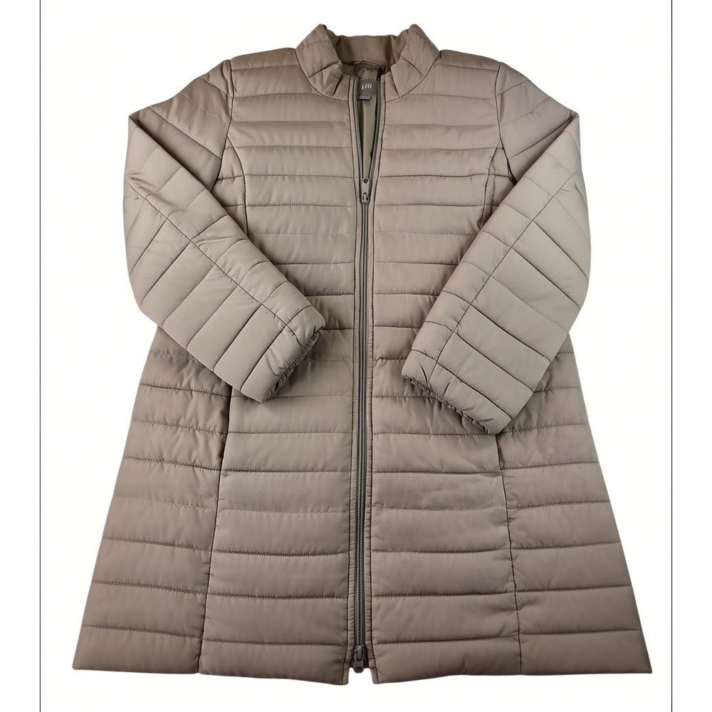 J. Jill Womens Taupe Brown Quilted Puffer Coat Full Zip Mock Neck Jacket Size M